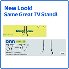 Tabletop TV stand retail box with included mounting hardware and instructions