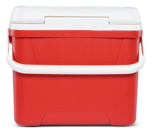Red ice chest cooler with white top lid and side handle, front view