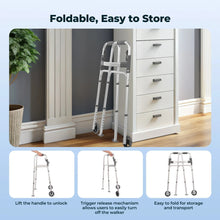 Folded silver walker beside a dresser, ready for storage and transport