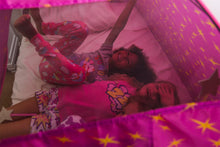 Twin bed tent with pink top and purple star pattern, open doorway and side mesh window
