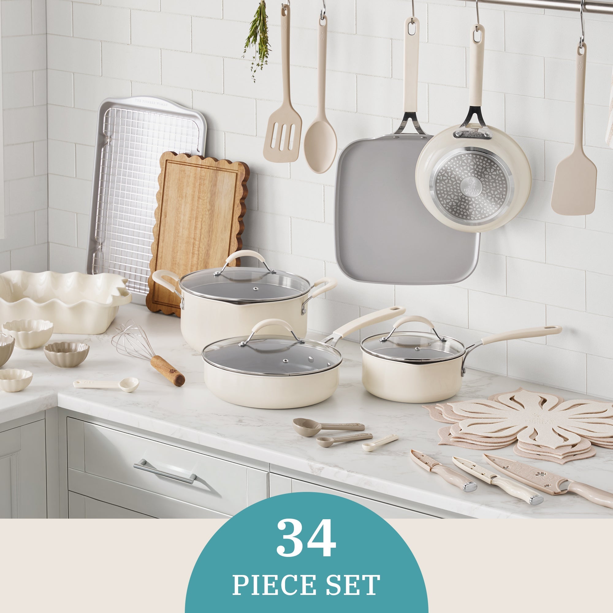 The Pioneer Woman Sutton 34-Piece Ceramic Nonstick Cookware and Bakeware Set, Beige