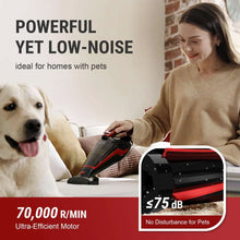 Cordless handheld vacuum, red and black, with cleaning head for home floors