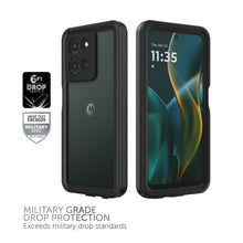Black waterproof phone case with raised edges, front and back views