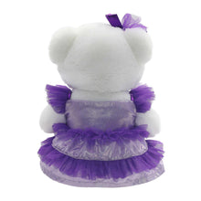 White teddy bear plush front view in purple layered ruffle dress with bow accents