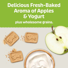 Apple and yogurt-themed dog biscuits with a white yogurt dip bowl graphic