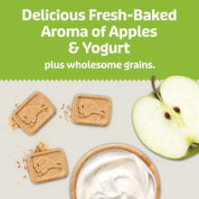 Square brown dog biscuits with apple and yogurt dip in bowl, close-up