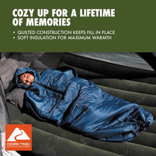 Blue wearable sleeping bag on a person lying down, hooded top and zip-front.