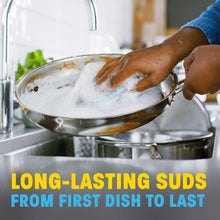 Dishwashing scene with metal pot and foamy suds from liquid dish soap during hand wash