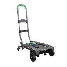 Folding hand truck with green handle and black base, front wheels and platform visible