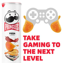 Pizza-flavored potato crisps canister with controller graphic, Pringles logo and pepper artwork
