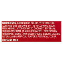 Coffee creamer bottle ingredient list strip on back label, contains milk