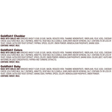Ingredients list for Goldfish cheddar, colors, and baby cracker varieties