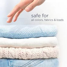 Laundry with hand over folded fabric, showing 'safe for all colors, fabrics & loads'.
