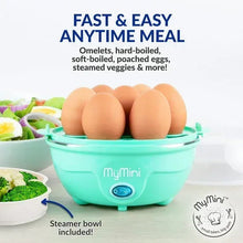 Teal egg cooker with domed lid holding seven brown eggs and included steamer bowl