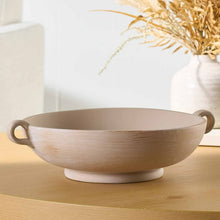 Taupe ceramic shallow bowl with two side handles, distressed texture