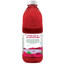 Cherry 100% juice bottle back panel with printed text and landscape graphics