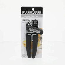 Farberware portable can opener package with black handle and stainless steel wheel