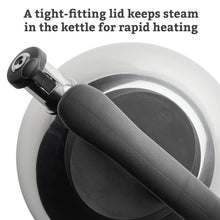 Stainless steel tea kettle with tight-fitting lid and black handle, spout assembly close-up
