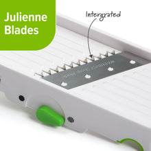 White multi slicer with integrated julienne blades and serrated metal cutting edge