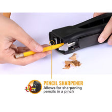 Black manual stapler with built-in pencil sharpener, shown with pencil