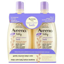 Baby bath wash bottles, purple caps, calming comfort label by Aveeno