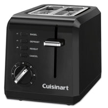 Black 2-slice compact toaster with control buttons, lift lever, and browning dial
