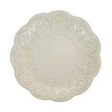 Flower-shaped serving plate with embossed floral lace design, off-white