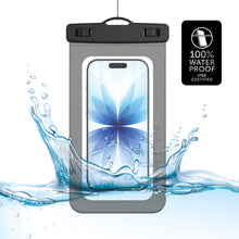Waterproof phone pouch with clear front window and black latch, with water splashes