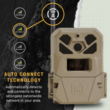 Beige cellular trail camera with antenna and front lens window in rugged casing.