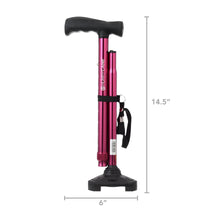 Folding cane size view with T handle and base, 14.5 in height