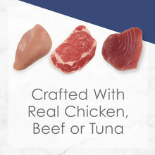 Prepared meat portions on wet cat food label: chicken, beef, or tuna