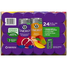 V8 Energy variety pack carton back with 24 cans, fruit graphics and nutrition info