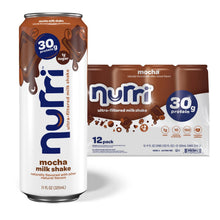 Mocha protein milkshake can, 30g protein, 1g sugar, 11 fl oz.