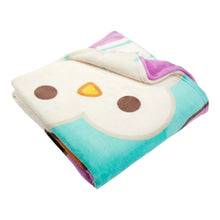 Folded purple fleece blanket with white and teal animal face print accents