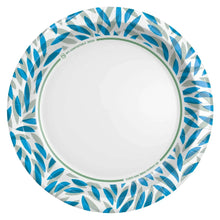 10 in paper plate, white with blue leaf patterned rim and green inner ring