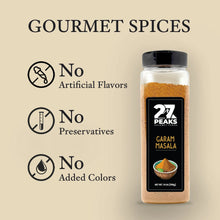 Garam masala spice bottle with label stating no artificial flavors, preservatives, or added colors