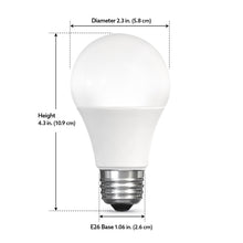 A19 smart LED light bulb with E26 base, frosted globe, height and diameter diagram