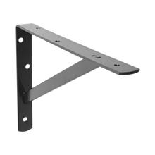 Black triangular shelf bracket with side plate and long mounting arm, steel.