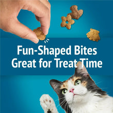 Hand picking fun-shaped treats above a white-and-tricolor cat, treat time graphic