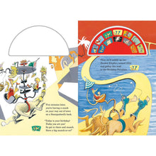 Open sound book spread with birthday party scenes and a red sound button panel.