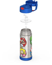 Stainless steel water bottle with straw parts, blue top and Mario character print