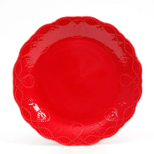 Red lace-pattern dinner plate with scalloped rim, glossy ceramic surface