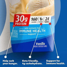 Vanilla protein shake carton with 30g protein and immune health support text