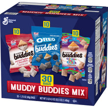 Chex Mix Muddy Buddies Snack Mix variety pack box with 30 bags in three flavors.