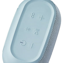 Rugged Bluetooth speaker, blue side with top control buttons and fabric grille