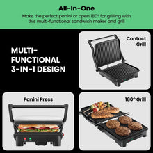 Multi-function sandwich press grill with open-flat hinged plates, ridged cooking surfaces