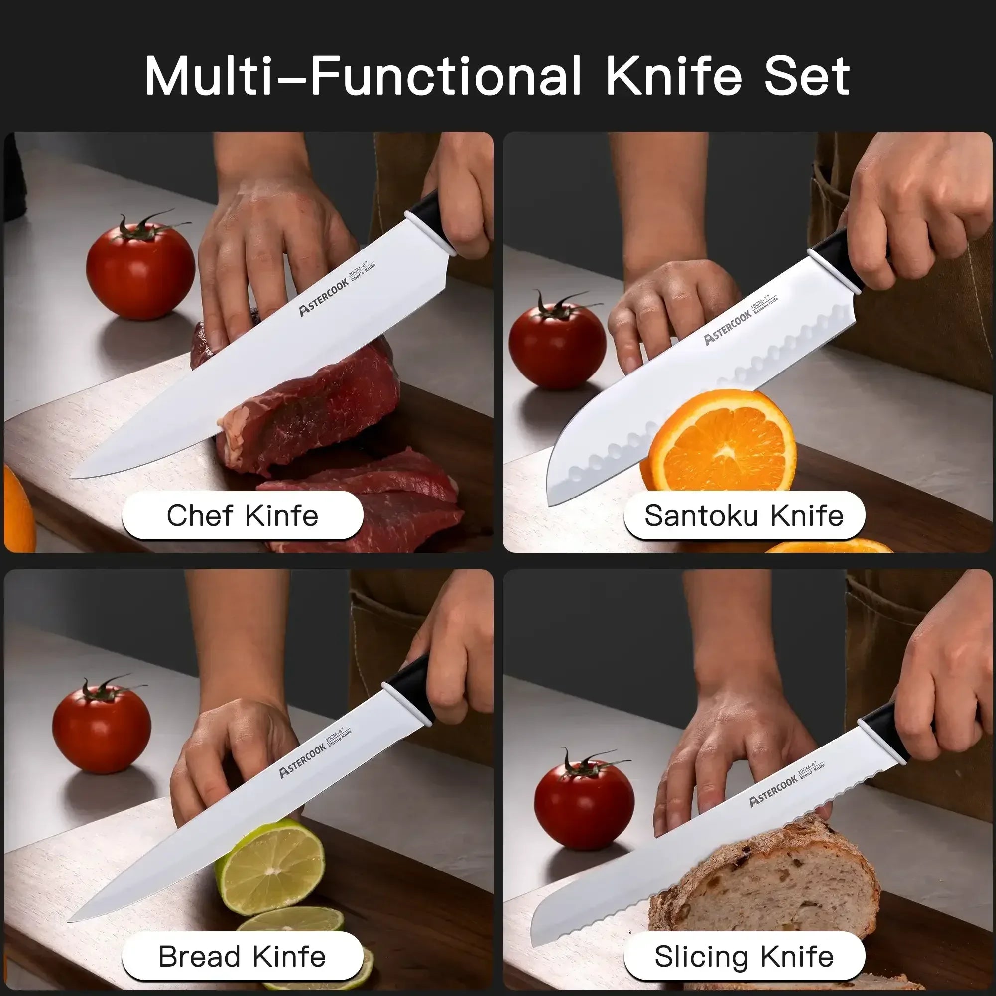 Astercook Knife Set, 14 Pieces Kitchen Knives Set with Healthy Anti-Rust Coating, Stainless Steel Knife Sets with Built-in Sharpener, Sharp & Rust Resistant Dishwasher Safe