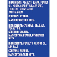 Ingredients list for peanuts, cashews, honey, and sea salt on blue packaging