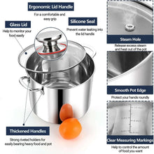 Stainless steel stock pot with glass lid, steam vent knob and silicone seal