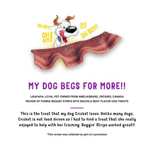Bacon-flavored dog treat strips above a review text section on the pouch.